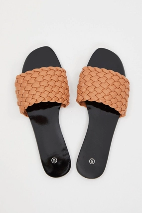 Beige Woven Flat Slides