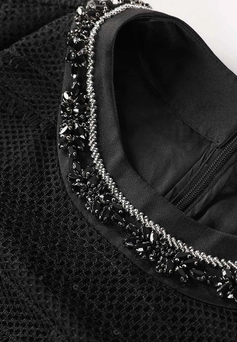 Black Rhinestone Embellished Thigh-length Dress