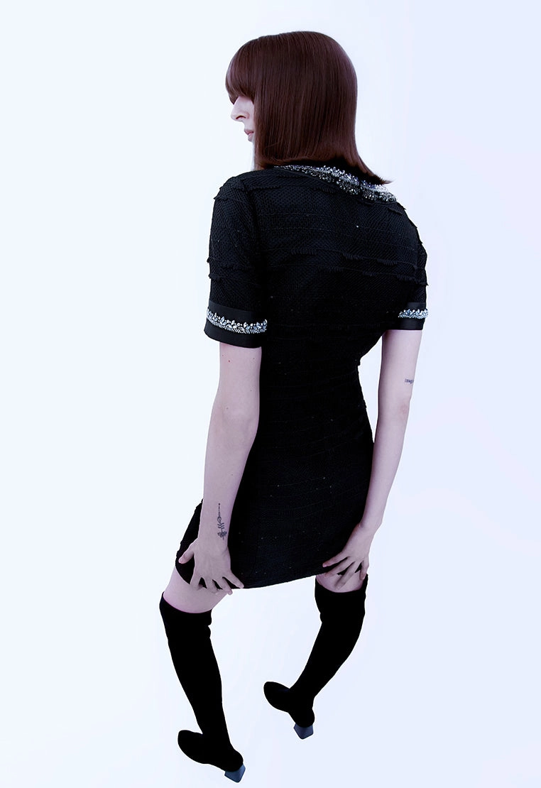Black Rhinestone Embellished Thigh-length Dress