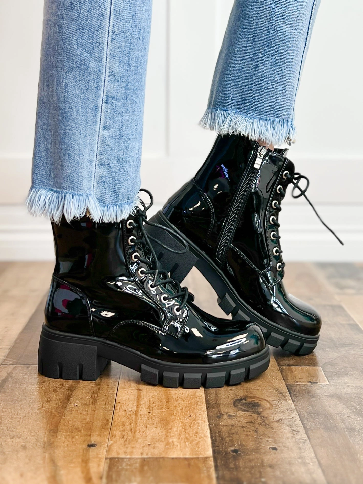 Corkys Cray Chunky Lace Up Boots in Black Patent