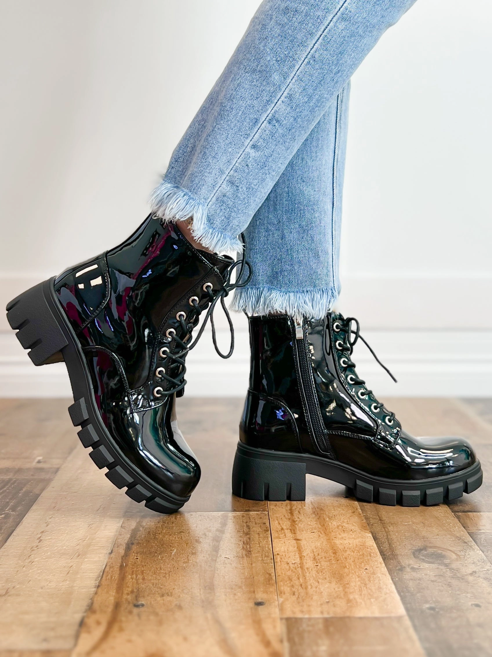 Corkys Cray Chunky Lace Up Boots in Black Patent