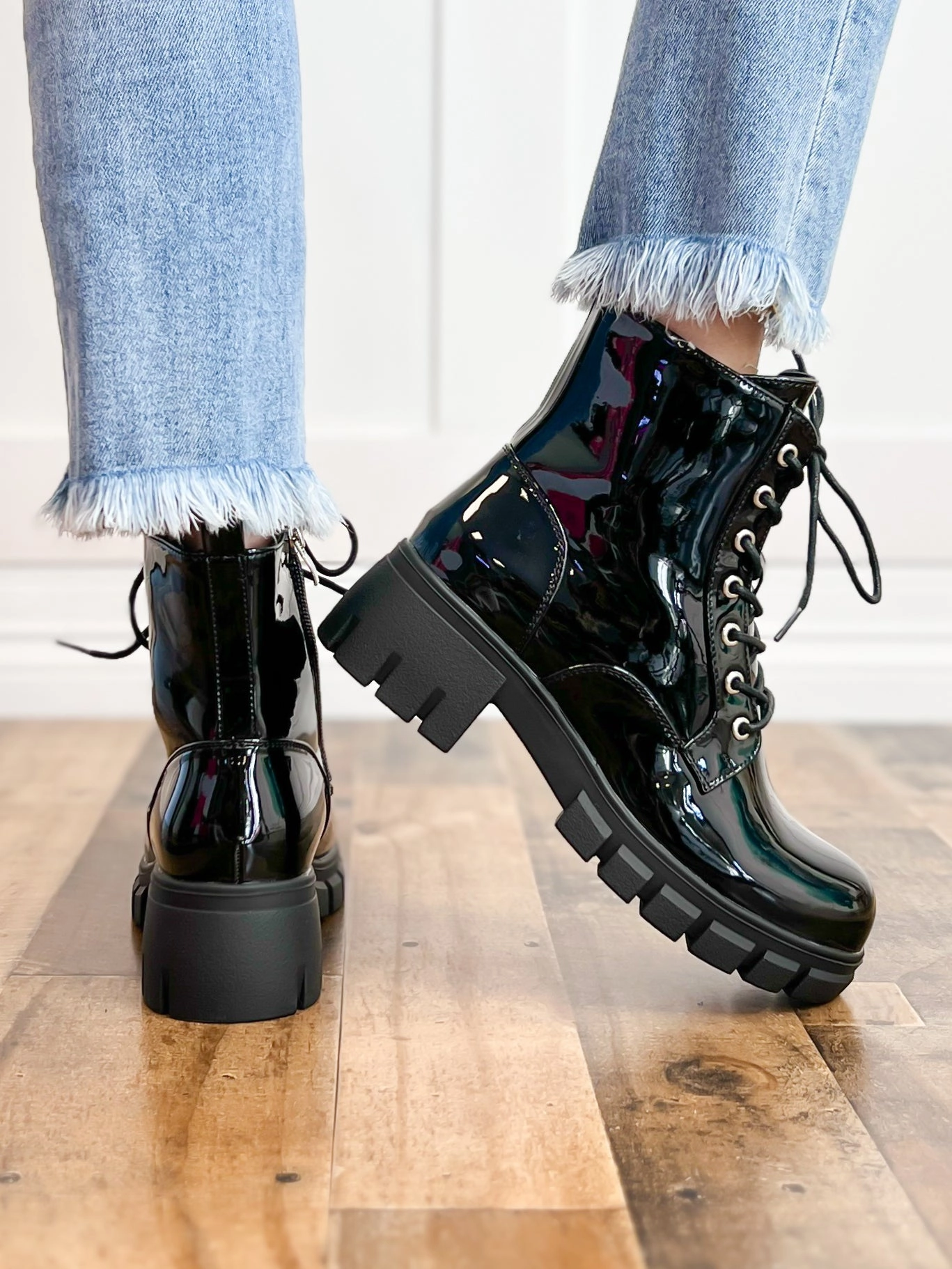 Corkys Cray Chunky Lace Up Boots in Black Patent