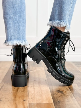 Corkys Cray Chunky Lace Up Boots in Black Patent