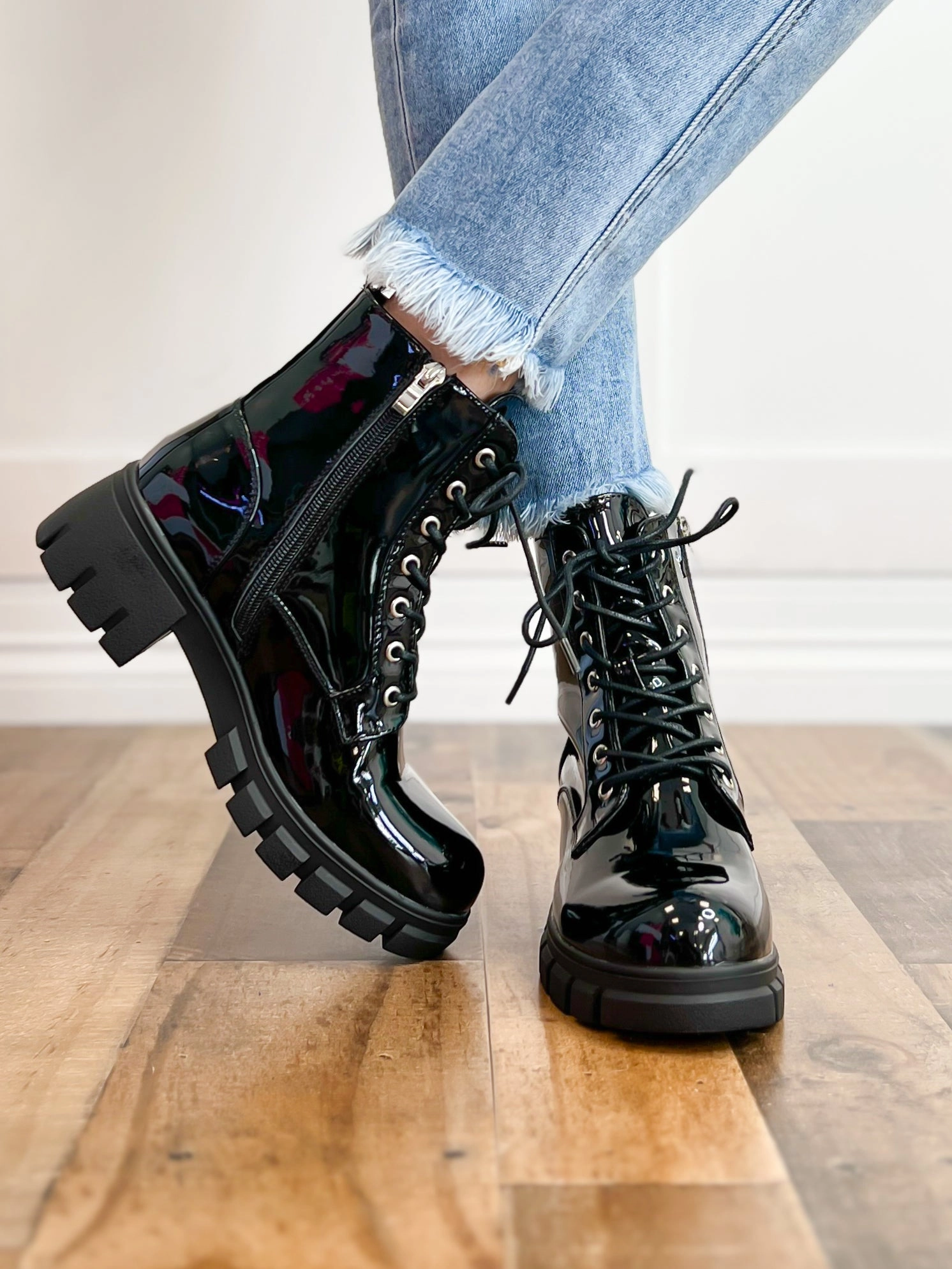 Corkys Cray Chunky Lace Up Boots in Black Patent