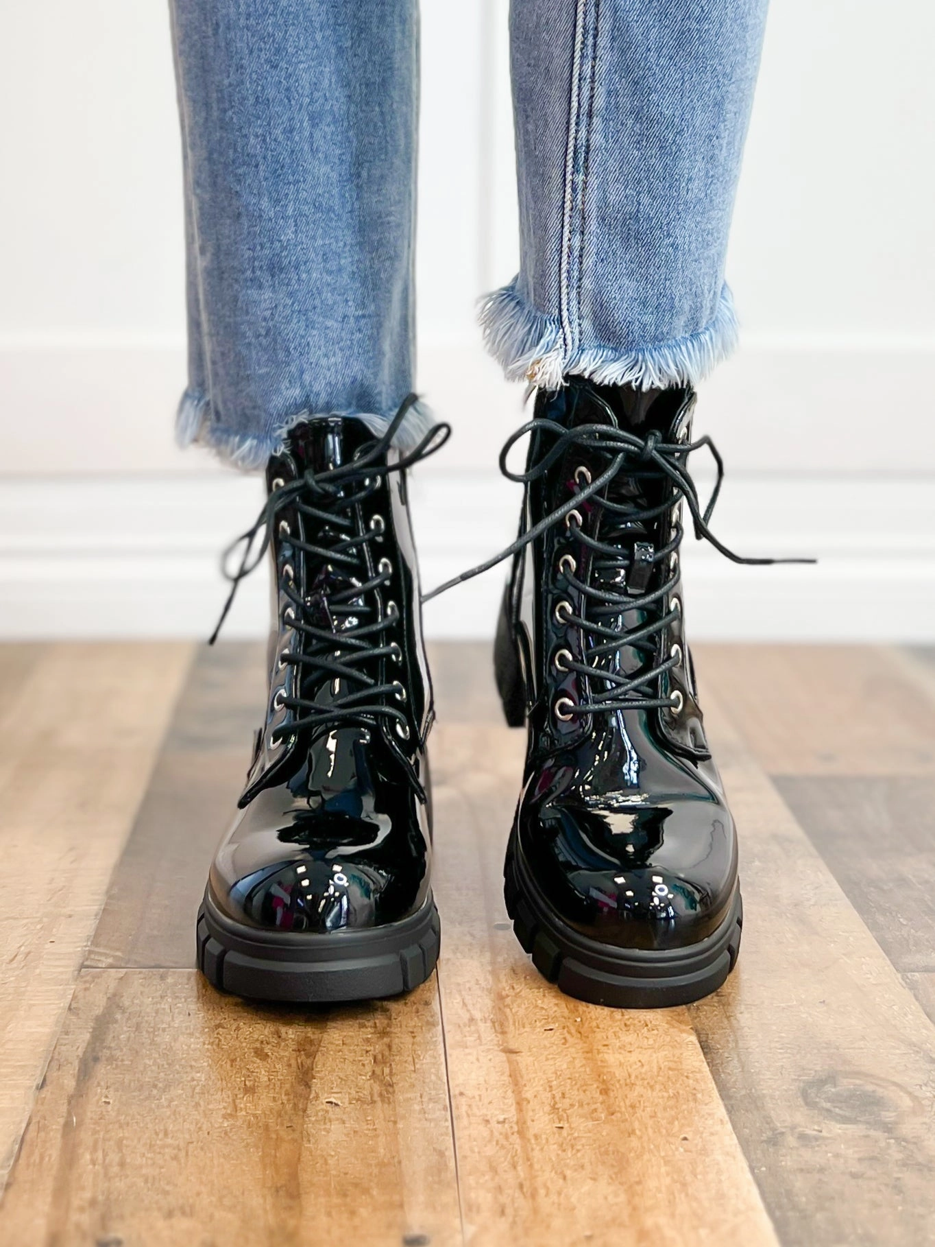 Corkys Cray Chunky Lace Up Boots in Black Patent