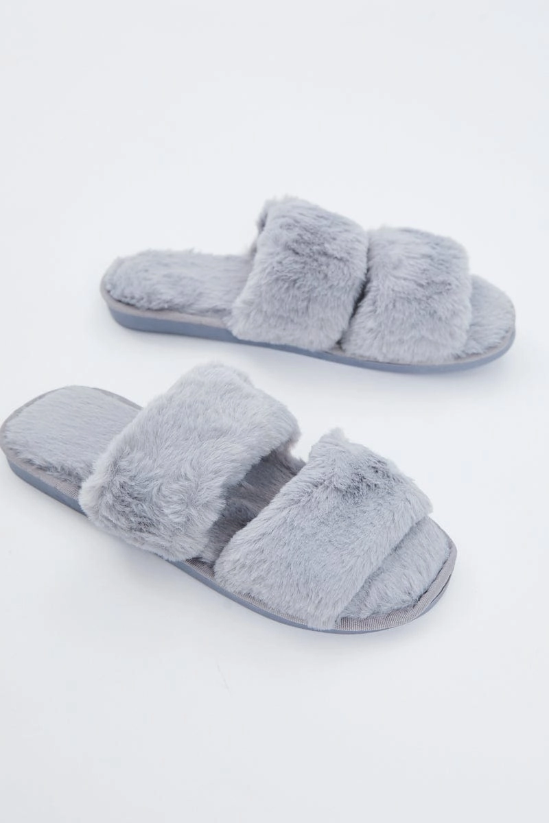 Grey Faux Fur Fluffy Slides
