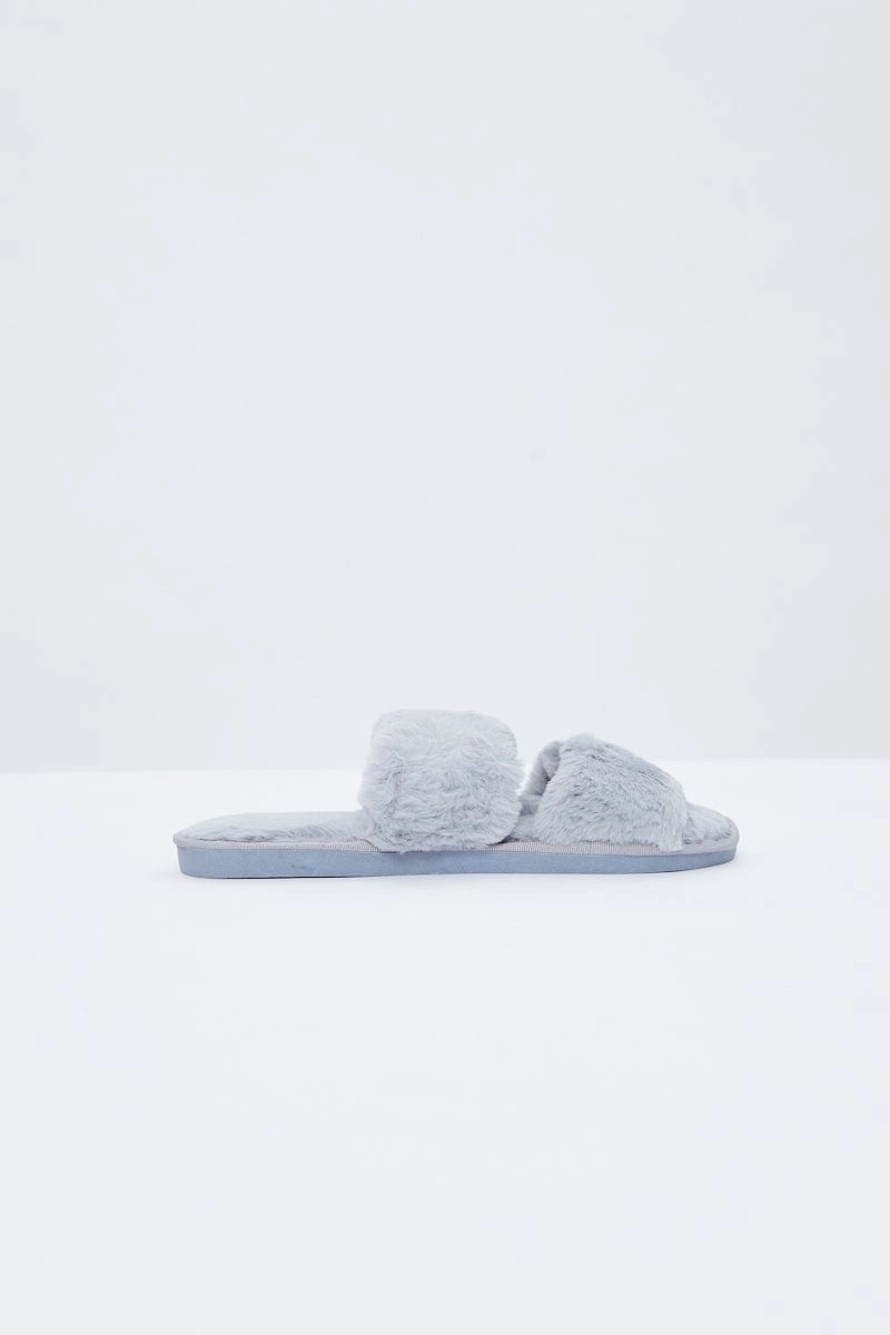 Grey Faux Fur Fluffy Slides