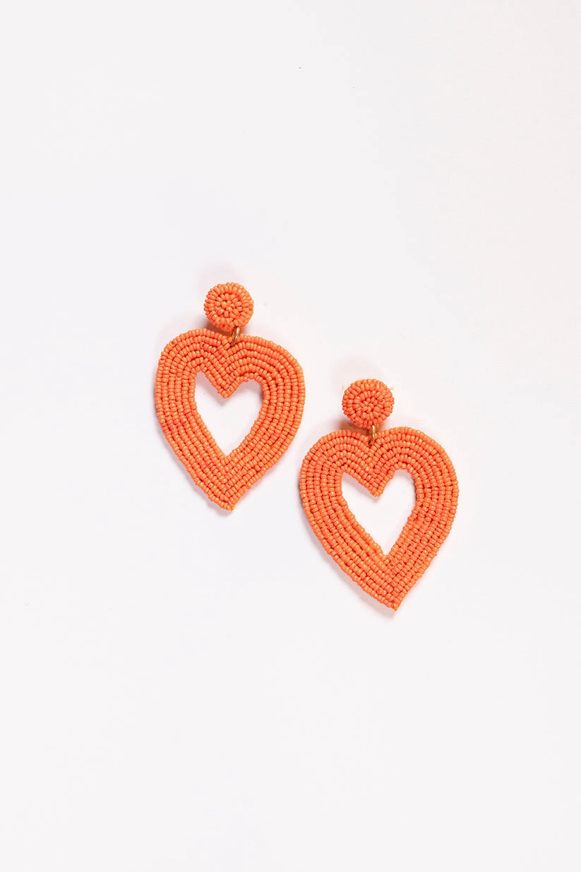 Hollow Heart Beaded Earrings in Orange