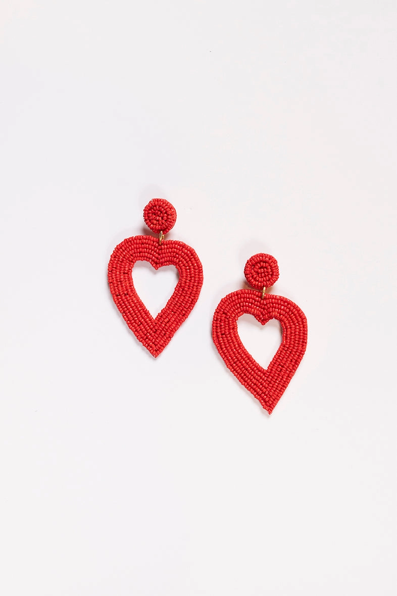 Hollow Heart Beaded Earrings in Red