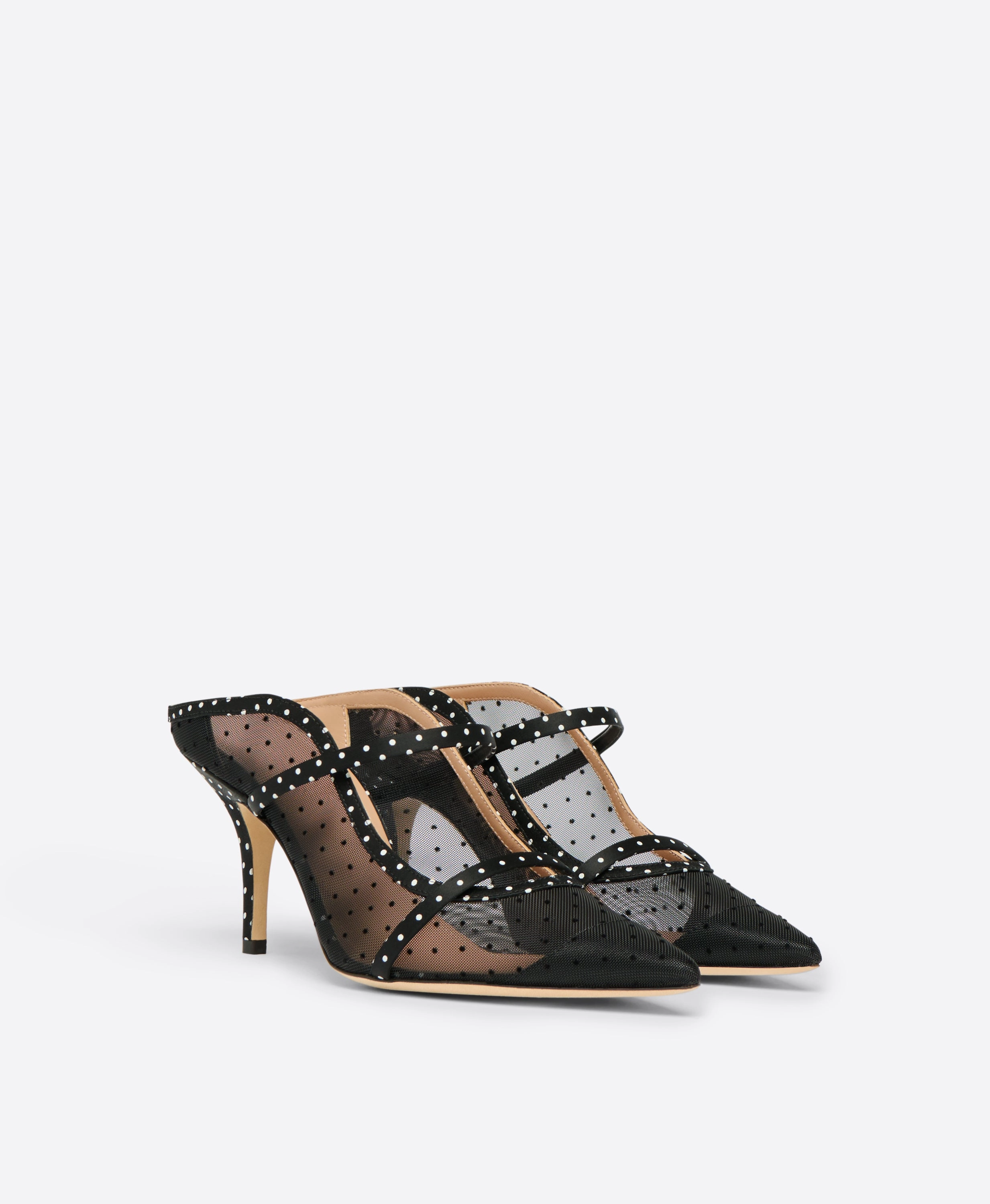 Maureen 70 Black Polka Dot Satin Heeled Mules