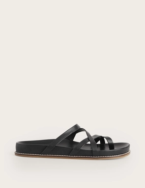 Multi Strap Flat Sandals-Black Leather